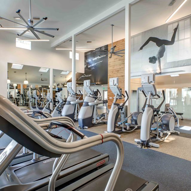 Stoneridge – Modern fitness center featuring rows of elliptical machines and a striking wood accent wall